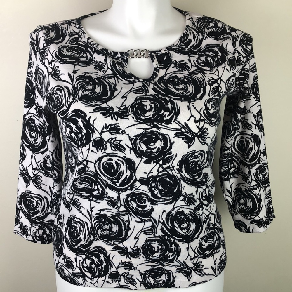 Rafaella Long Sleeve Keyhole Top Abstract Black Floral